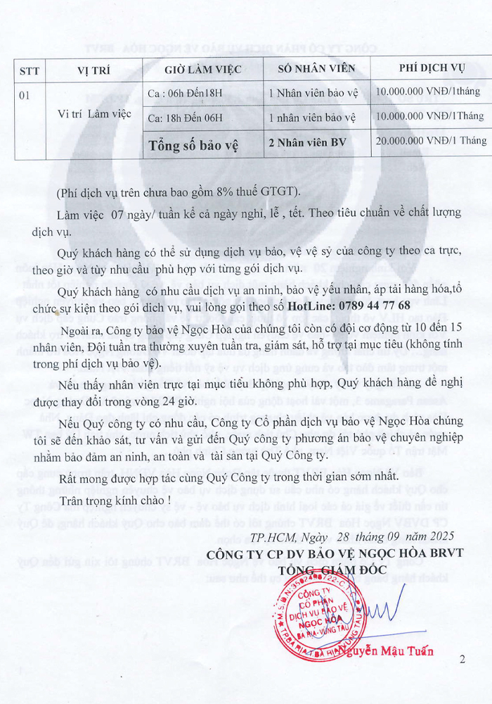 CÔNG TY CP DỊCH VỤ BẢO VỆ NGỌC HÒA BÀ RỊA - VŨNG TÀU