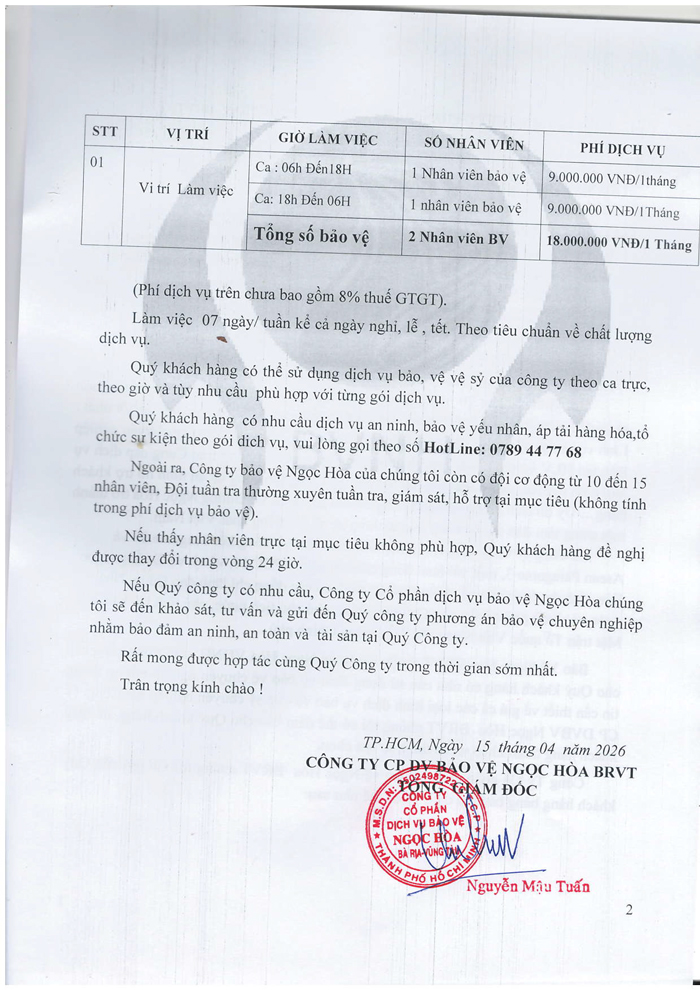 CÔNG TY CP DỊCH VỤ BẢO VỆ NGỌC HÒA BÀ RỊA - VŨNG TÀU