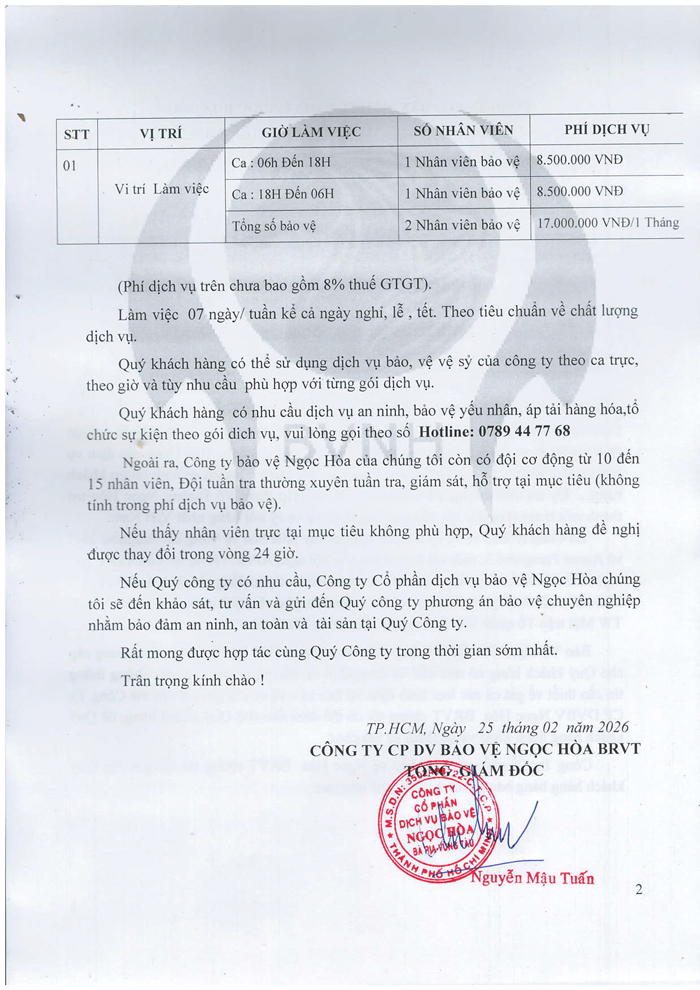 CÔNG TY CP DỊCH VỤ BẢO VỆ NGỌC HÒA BÀ RỊA - VŨNG TÀU